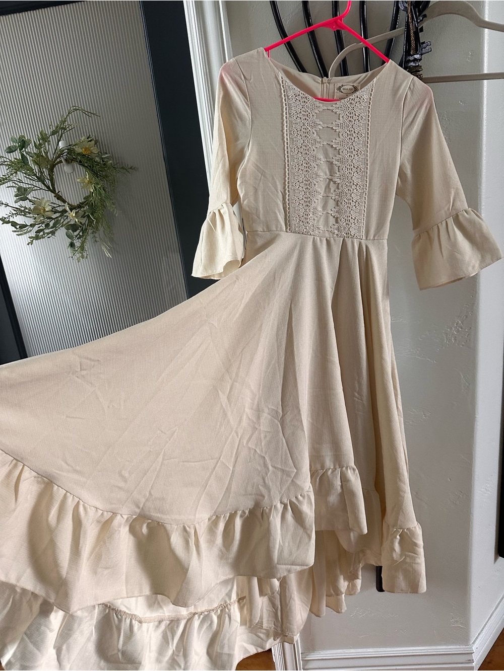 Girls Cream Lace-Front Ruffle Formal Dress